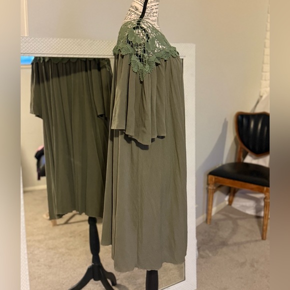 Chic Olive Midi Dress with Lace Accent - Picture 5 of 6